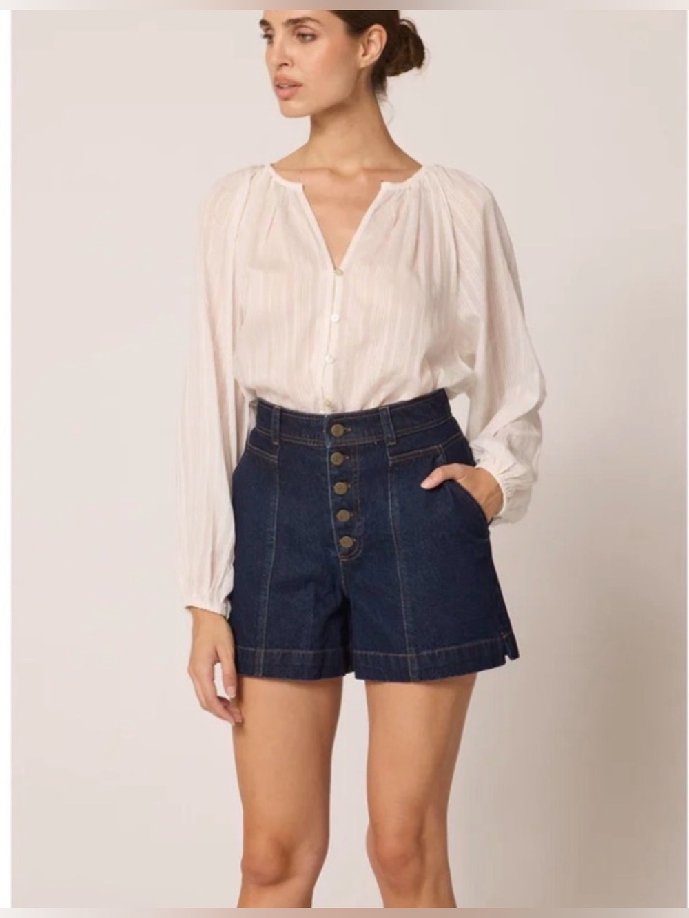 CLEOBELLA WADE HIGH-RISE BUTTON-FRONT DENIM SHORTS SIZE 25